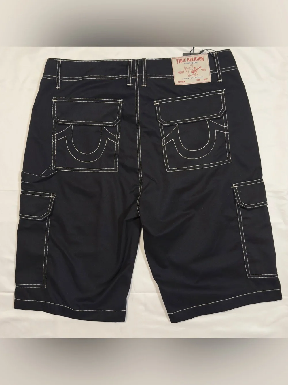 True Religion Black Cargo Shorts with White Contrast Stitching